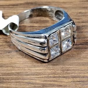 Mens Vintage Sterling Silver Ring with Clear Faceted CZs, Mens 925 Statement Ring
