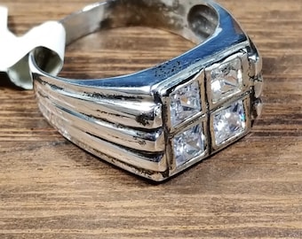 Mens Vintage Sterling Silver Ring with Clear Faceted CZs, Mens 925 Statement Ring