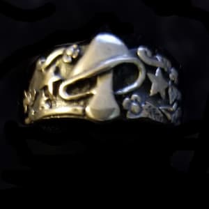 Vintage Sterling Silver Magic Mushroom Ring with Stars Flowers