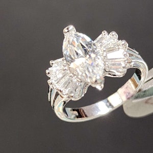 Size 7 Sterling Silver Engagement Ring, Marquise Clear Cubic Zirconia, Vintage Womens Jewelry, April Birthstone 925 Silver Ring