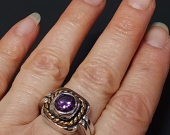 Size 7.5 Vintage Purple Art Deco Ring, Amethyst CZ, February Birthstone, Silver Ring, Two Tone Ring