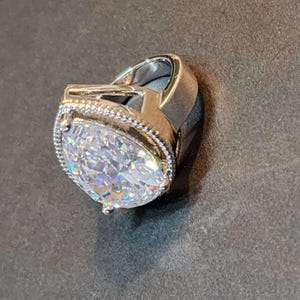 Stunning Large Solitaire Ring with Clear Pear CZ, Big Faux Diamond Huge Statement Ring Cubic Zirconia Brass Cocktail Ring