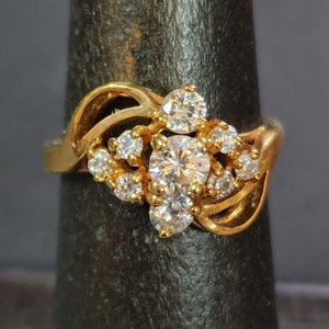 Size 5 Dainty Vintage Gold Cocktail Ring Cluster with Clear Faceted Faux Diamond CZs