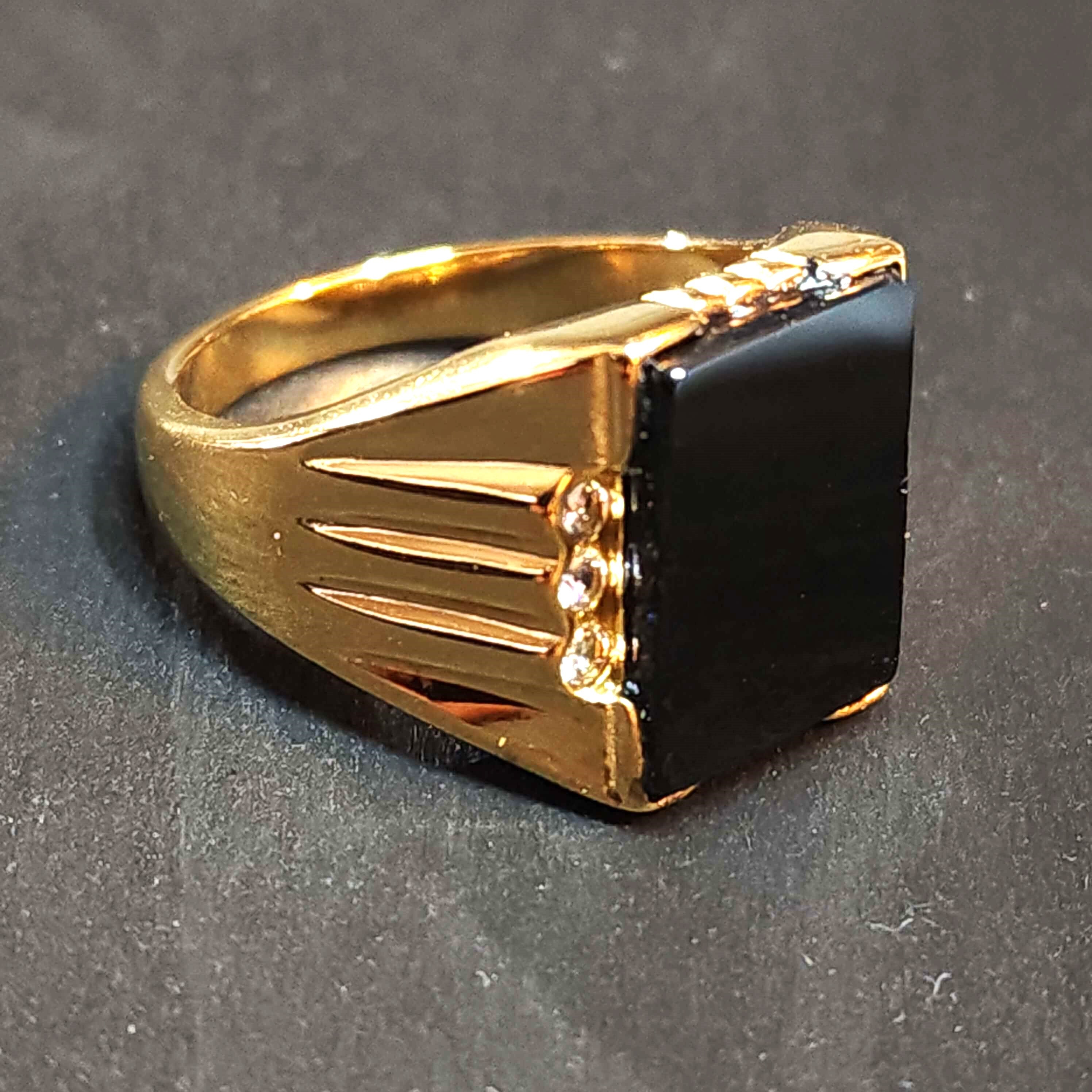 Men s Gold Ring With Flat Black Stone Stainless Steel With Gold Plating Golden Statement Ring Faux Onyx Etsy