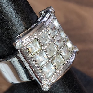 Large Vintage Women&#39;s Ring Size 6 Silver CZ Square Statement Ring, Cocktail Ring, April Birthstone Faux Diamonds