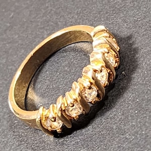 Size 8 Gold Vacation Ring, Brass Wedding Band Gold Ring with CZs, Vintage Engagement Ring, Clear Faux Diamond CZs