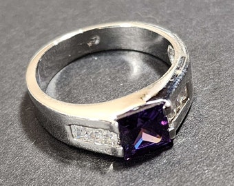 Size 7 Purple CZ Ring, Silver Faux 'Amethyst' February Birthstone, Rhodium Plated Brass Vintage