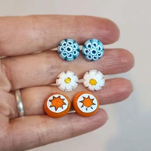 Millefiori Glass Stud Earrings Surgical Steel Post Earrings, Colorful Cheerful Flower Studs Hypoallergenic