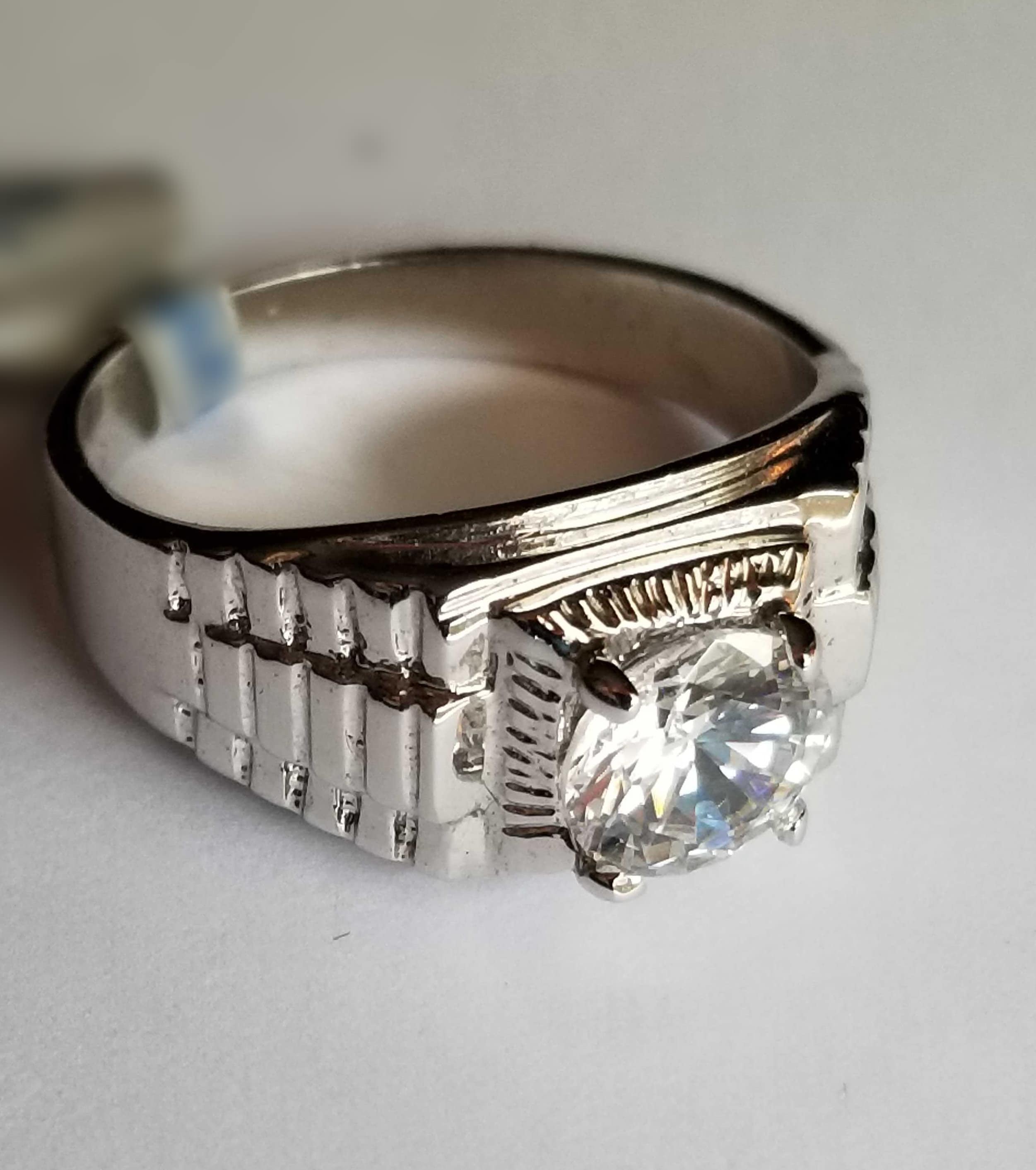 Size 12.25 Ring Vintage Silver Tone With Clear Round Faceted