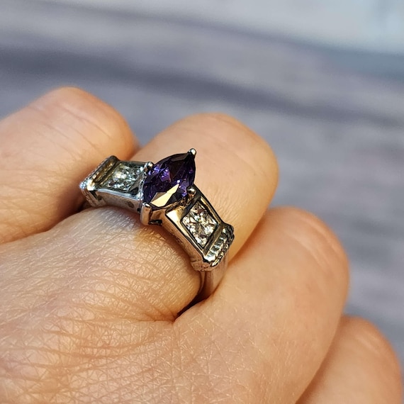 Vintage Sterling Silver Ring, Purple Statement Ri… - image 1