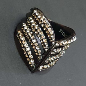 Black Goth Ring, Statement Ring, Black with Clear Faceted CZs Cubic Zirconia Cocktail Ring
