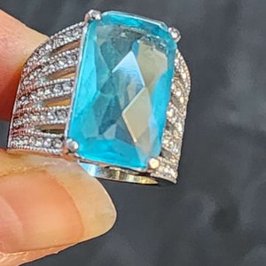 Size 6 Ring Large Statement Ring, Light Blue Aquamarine Glass Stone Ring, March Birthstone Ring Cocktail Ring