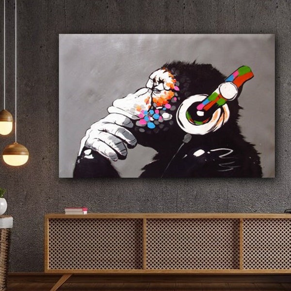 Thinking Monkey, Banksy Art Canvas, Graffiti Wall Art, American Street Art, Banksy Graffiti, Home Decor, Boy Room Wall Decor, Canvas