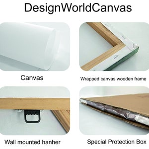 May include: Close-up of a canvas print wrapped around a wooden frame. The canvas is white and the frame is brown. The print is secured to the frame with staples. The frame has a hanging hook on the back. The print is packaged in a brown cardboard box.