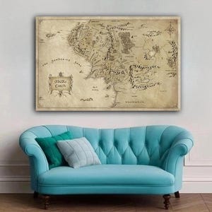 Art mural carte du monde, impression carte de la Terre du Milieu, art mural carte, décoration murale en toile, toile encadrée, décoration de salon, affiche de chambre à coucher, art mural carte,