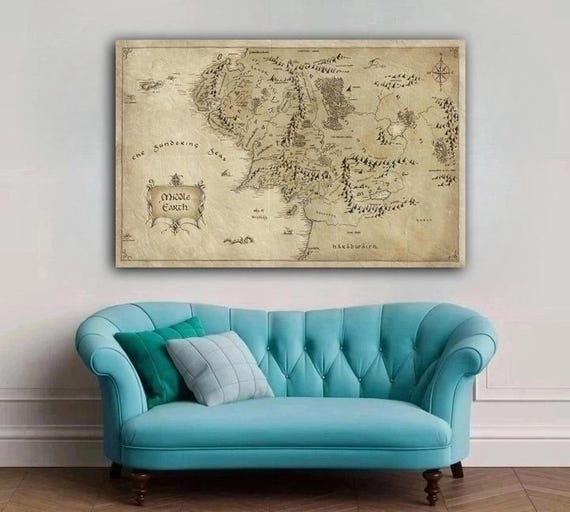 World Map Wall Art, Middle Earth Map Print, Map Wall Art, Canvas Wall Decor, Framed Canvas, Living Room Decor, Bedroom Poster, Map Wall Art,