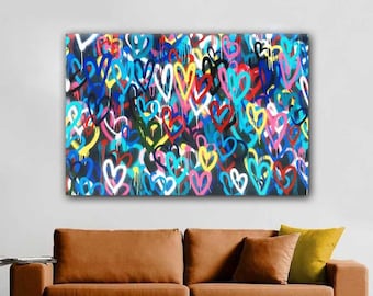 BANKSY, Love Hearts Graffiti Canvas, Graffiti Art, Abstract Wall Decor, Oversized Canvas Art