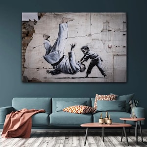 Banksy Judoka Art Canvas, Banksy Art Wall Decor, Street Glass Art Wall Decor, Graffiti Canvas Wall Art, Tempered Glass, Home Decor Wall Art