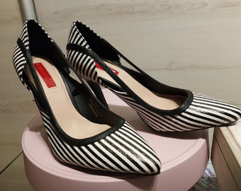 Black White Striped Stiletto High Heeled Pointy Court Shoe Size 4
