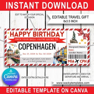 COPENHAGUE DANEMARK AARHUS Modèle de billet de carte d'embarquement modifiable Bon d'achat Cadeau de voyage surprise que vous allez imprimer Avion Anniversaire Noël