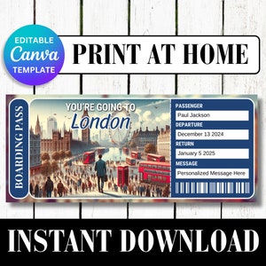 LONDON United Kingdom UK Surprise Trip Gift Ticket Boarding Pass Printable Vacation Editable Certificate Invitation Canva Customize Template