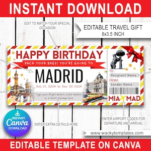 MADRID SPAIN BARCELONA Editable Boarding Pass Ticket Template Voucher Surprise Trip Gift Print Fake Plane Flight Airline Instant Download
