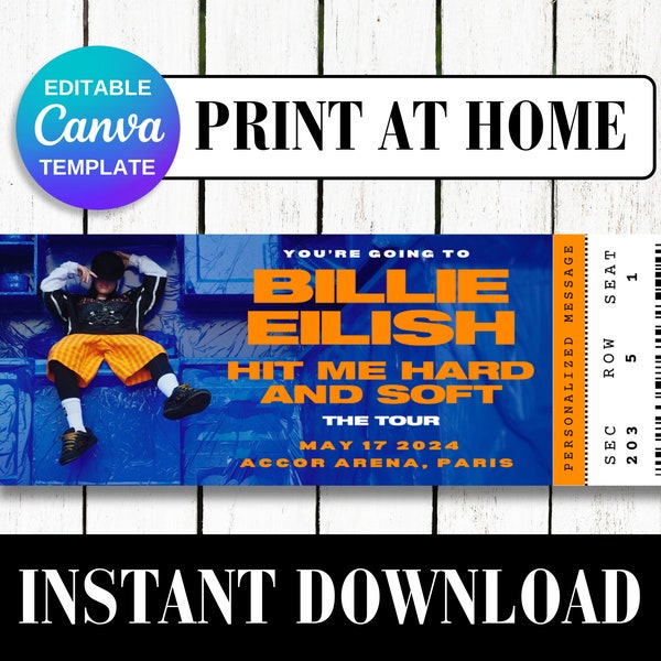 Billie Eilish Hit Me Hard And Soft The Tour | Concert Ticket Stub Printable | Custom Event Souvenir Gift | Download | Canva Edit Template