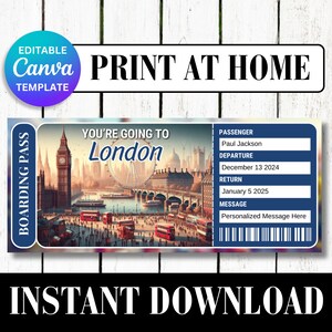 LONDON United Kingdom UK Surprise Trip Gift Ticket Boarding Pass Printable Vacation Editable Certificate Invitation Canva Customize Template