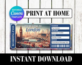 LONDON United Kingdom UK Surprise Trip Gift Ticket Boarding Pass Printable Vacation Editable Certificate Invitation Canva Customize Template