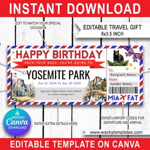 YOSEMITE PARK CALIFORNIE Modèle de billet de carte d'embarquement Yosemite Edit Bon d'achat Cadeau de voyage surprise que vous allez imprimer Anniversaire Noël