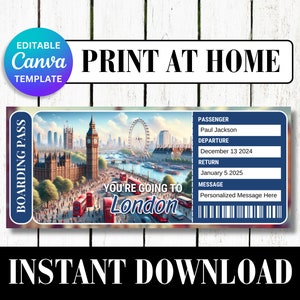 LONDON United Kingdom UK Surprise Trip Gift Ticket Boarding Pass Printable Vacation Editable Certificate Invitation Canva Customize Template