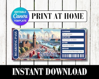 May include: A blue and white boarding pass with a picture of the London skyline. The text "You're going to London" is printed on the pass. The pass has fields for passenger name, departure date, return date, and a message.
