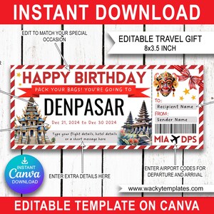 DENPASAR INDONÉSIE JAKARTA Modifier le modèle de billet de carte d'embarquement Bon d'achat Cadeau de voyage surprise que vous allez imprimer Faux avion Anniversaire Noël