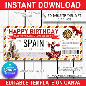 SPAIN MADRID BARCELONA Editable Boarding Pass Ticket Template Voucher Surprise Trip Gift You're Going To Print Fake Plane Birthday Airport