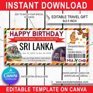 SRI LANKA COLOMBO Kandy Edit Boarding Pass Ticket Template Voucher Surprise Trip Gift You&#39;re Going To Print Fake Plane Birthday Christmas