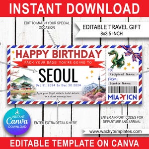 SEOUL COREE BUSAN Modèle de billet de carte d'embarquement modifiable Bon d'achat Cadeau de voyage surprise que vous allez imprimer Faux avion Anniversaire Noël