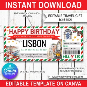 LISBONNE PORTUGAL PORTO Modèle de billet modifiable carte d'embarquement Bon cadeau voyage surprise que vous allez imprimer Faux avion Anniversaire Noël