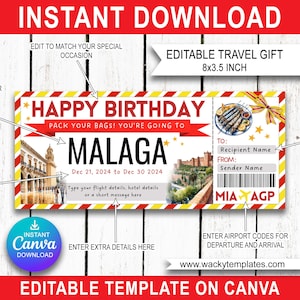 MALAGA ESPAGNE SÉVILLE Modèle de billet modifiable carte d'embarquement Bon d'achat Cadeau pour voyage surprise que vous allez imprimer Vol en avion Anniversaire Noël