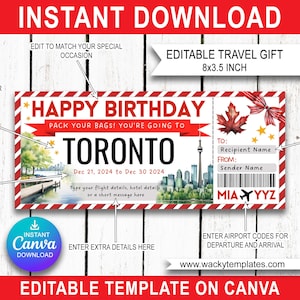 TORONTO CANADA ONTARIO Modifier le modèle de billet de carte d'embarquement Bon d'achat Cadeau pour voyage surprise que vous allez imprimer Vol en avion Anniversaire Noël