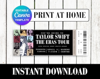Taylor Swift The Eras-tournee | Afdrukbare concertticketstrook | Aangepaste gebeurtenis souvenir cadeau | Direct downloaden | Personaliseer Canva-sjabloon bewerken