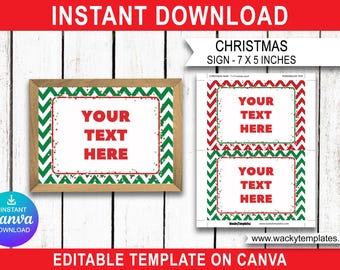 Puede incluir: Plantilla de letrero de Navidad editable para Canva. La plantilla presenta un patrón de chevron rojo y verde con texto blanco que dice "Tu texto aquí". El letrero mide 17,78 cm por 12,7 cm.