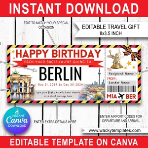 BERLIN ALLEMAGNE HAMBOURG Modèle de billet modifiable avec carte d'embarquement, bon d'achat, cadeau de voyage surprise que vous allez imprimer, faux avion, anniversaire de Noël