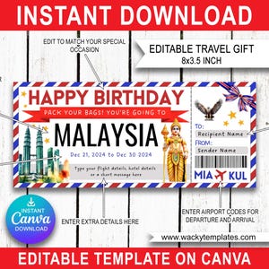MALAISIE KUALA LUMPUR Jaya aux pétales Modifier le modèle de billet de carte d'embarquement Bon d'achat Cadeau de voyage surprise que vous allez imprimer Anniversaire de faux avion