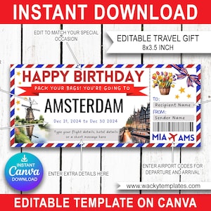 May include: Editable travel gift card template for Canva. The card features a red, white and blue design with a picture of a windmill and canals in Amsterdam. The text on the card says "Happy Birthday! Pack your bags! You're going to Amsterdam." The card also includes space for the recipient's name, sender's name, and flight details.