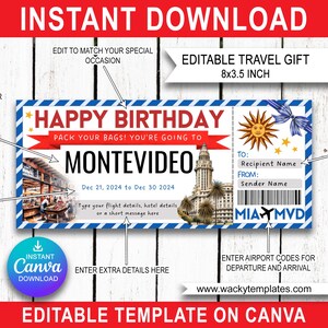 MONTEVIDEO URUGUAY SALTO Modifier le modèle de billet de carte d'embarquement Bon d'achat Cadeau de voyage surprise que vous allez imprimer Vol en avion Anniversaire Noël