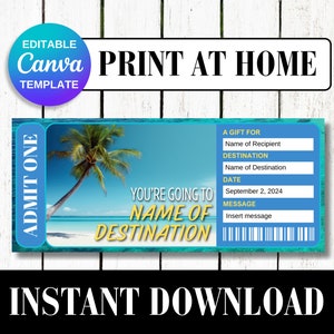 BEACH VACATION Surprise Reveal Ticket TROPICAL Vacation Gift Voucher Editable Event Printable Ticket Canva Template Ocean Trip Sea Download