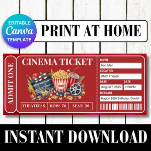 CINEMA MOVIE NIGHT Film Theater Surprise Gift Reveal Voucher | Date Event Ticket Template Coupon Personalize Custom Download Canva Birthday