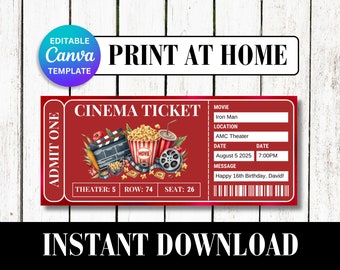 May include: Editable printable cinema ticket template with a red background and a movie theme. The ticket says "Cinema Ticket" and has fields for movie, location, date, and message. The message says "Happy 16th Birthday, David!"