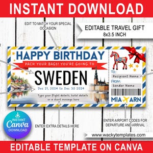 SUÈDE STOCKHOLM GOTEBOURG Modifier le modèle de billet de carte d'embarquement Bon d'achat Cadeau voyage surprise Vous allez imprimer Vol en avion Anniversaire Noël