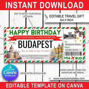 BUDAPEST HUNGARY SZEGED Edit Boarding Pass Ticket Template Voucher Surprise Trip Gift You&#39;re Going To Print Fake Plane Birthday Christmas